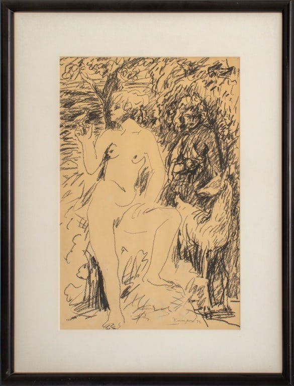 Alan Kurzweil Nude Figures in Forest Lithograph: Alan Kurzweil (XX), Nude Figures in Forest Landscape, Lithograph on Paper, 1972, signed in pencil and dated lower left, black frame. Image: 18" H x 11.5" W; frame: 25.25" H x 19" W. Provenance: From a