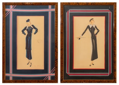 Art Deco Fashion Illustrations Gouache, Pair