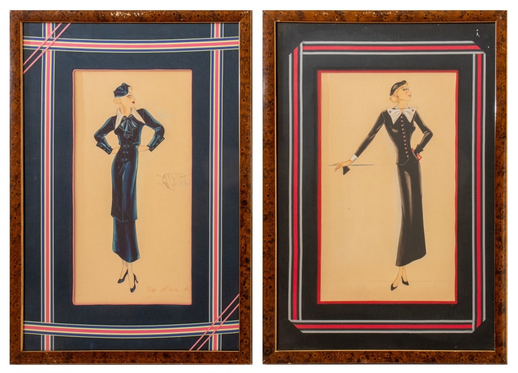 Art Deco Fashion Illustrations Gouache, Pair (1 of 13)