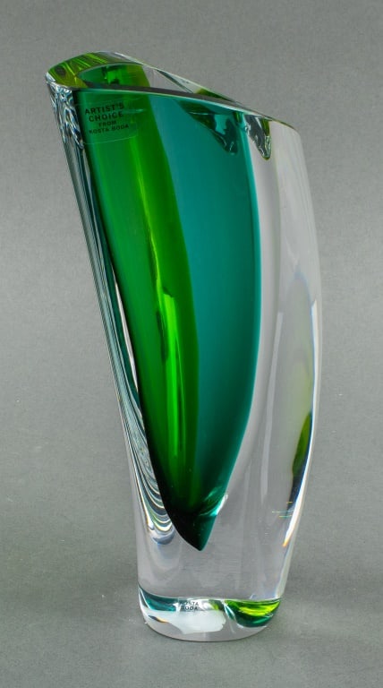 Goran Warff for Kosta Boda "Aria" Glass Vase: Goran Warff (Swedish, 1933 - 2022) for Kosta Boda "Aria" Glass Vase, of organic shape with blue-green stripe, incised "Kosta Boda / G Warff / 7040535" to underside, with "Artist's Choice from Kosta Bo