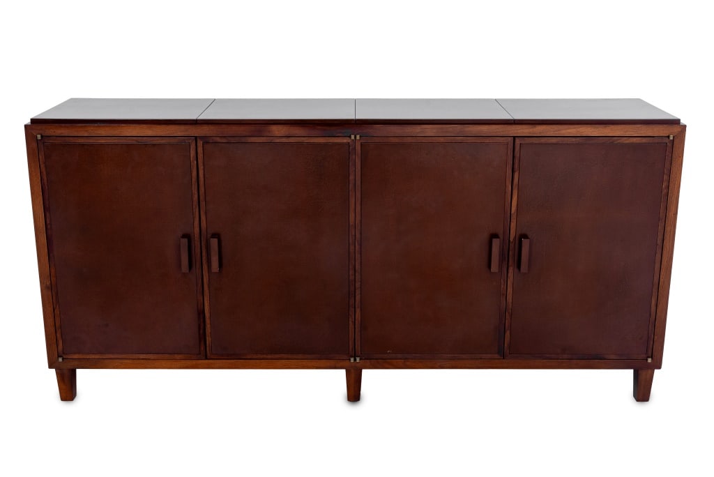 Mattaliano Walnut & Vellum 4-Door Sideboard: Mattaliano "Frank" Walnut and Vellum Four-Door Sideboard, left side compartment fitted with wine bottle storage, "Mattaliano / Chicago Illinois" label plaque to interior door. 34.25" H x 72" W x 17" D