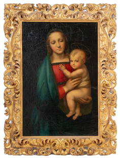 After Raphael "Madonna del Granduca" Oil on Canvas: After Raffaello Sanzio da Urbino (Italian, 1483-1520), "Madonna del Granduca", Oil on Canvas, 19th century, pierced carved giltwood frame. Image: 31.5: H x 21" W; frame: 43" H x 32" W. Keywords: Oil p