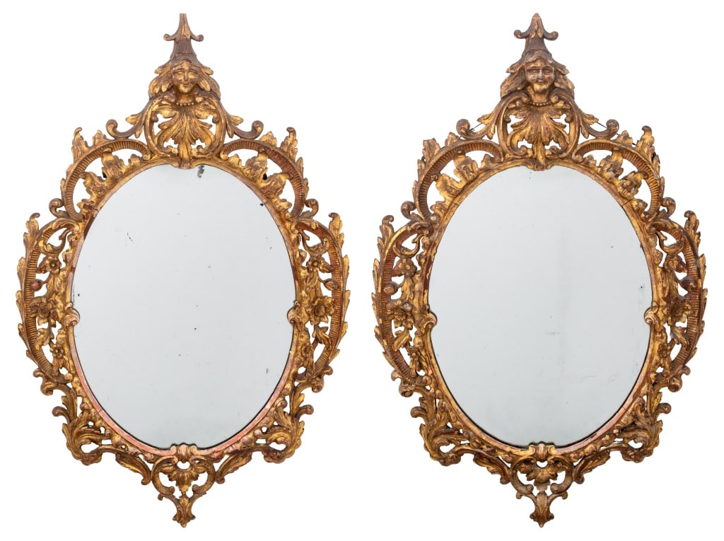 George II Style Carved Giltwood Oval Mirrors, Pair (1 of 5)