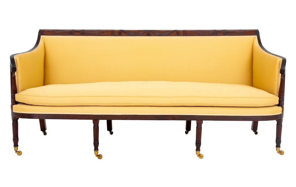 Duncan Phyfe Federal Mahogany Sofa, ca. 1810: Duncan Phyfe Attributed Federal Mahogany Sofa, New York, circa 1810, with downswept arms, back and seat now covered in Old World Weavers yellow cotton blend fabric, atop eight legs terminating in cast