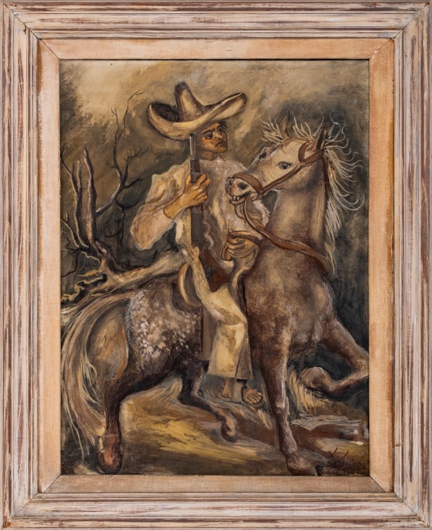 Federico Cantu Equestrian Portrait Oil on Canvas: Federico Cantu (Mexican, 1907-1989), Equestrian Portrait, Oil on Canvas, signed lower right, wood frame. Image: 23.75" H x 17.75" W; frame: 30" H x 24.5" W. Provenance: From a 33 East End Avenue Estat