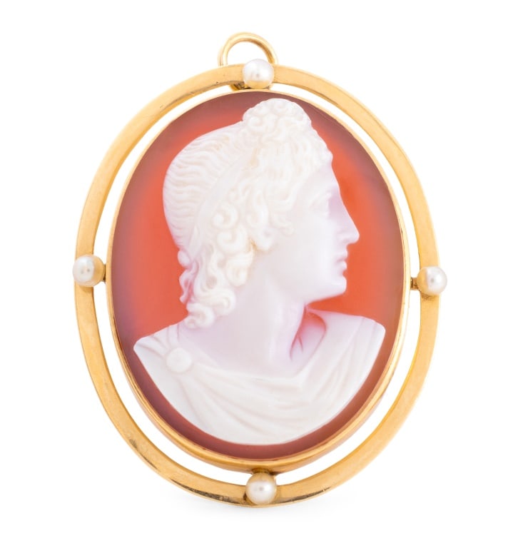 14K Yellow Gold Stone Cameo & Seed Pearl Brooch (1 of 4)