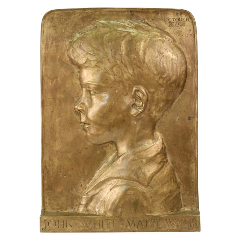 Beatrice Fenton Aesthetic Movement Bronze Plaque: Beatrice Fenton (American, 1887-1983) Aesthetic Movement Gilt Bronze Relief Plaque, 1923, depicting a profile portrait of John White Mathews Jr. as a young boy, artist's signature mark and dated in Ro