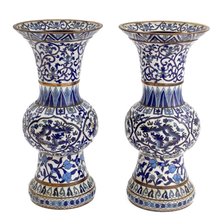 Chinese Cloisonne Dragon Motif Flaring Vases, Pair (1 of 3)