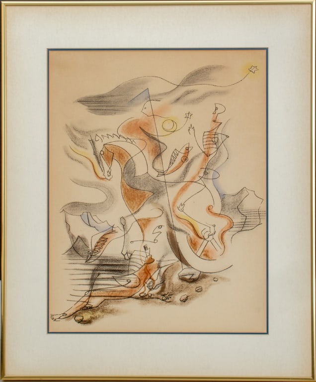 Andre Masson Cavalier Lithograph in Colors: Andre Masson (French, 1896-1967), Cavalier, Lithograph in Colors, 1933, lacking glass in gold-tone metal frame. Image: 18" H x 14" W; frame: 24.25" H x 20.25" W. Provenance: From a 177 75th Street Col