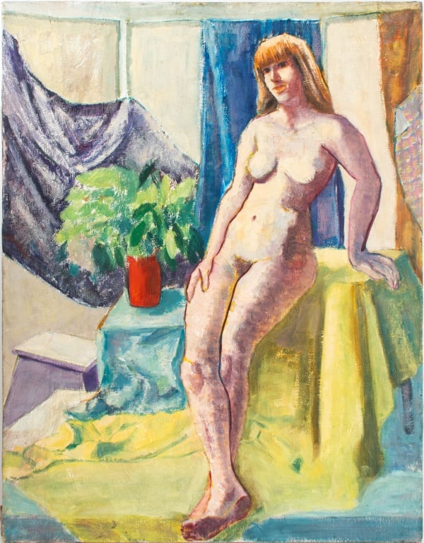 B. Boffouy Standing Nude Woman Oil on Canvas: B. Boffouy (American, XX-XXI), Standing Nude Woman, Oil on Canvas, signed to verso, unframed. 36" H x 28" W. Provenance: From the Allen Tucker Memorial Collection. Keywords: Painting, Oil painting, Wo