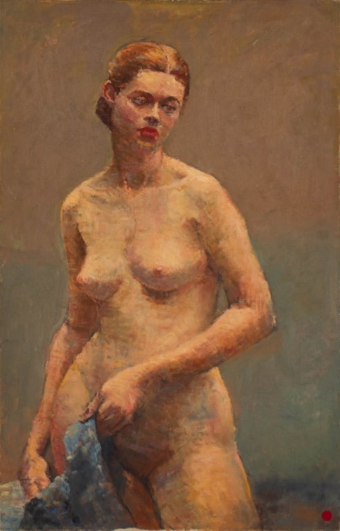 N. Galvin Standing Nude Woman Oil on Canvas: 20th Century School, Standing Nude Woman, Oil on Canvas, 1955-56, signed "N. Galvin", dated, and marked "Brackman A.M." to verso, unframed. 40" H x 26" W. Provenance: From the Allen Tucker Memorial Co