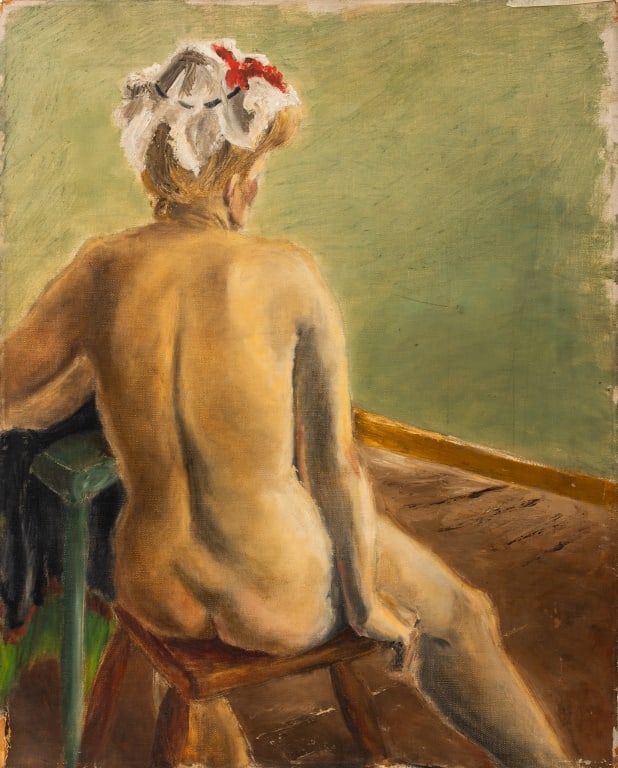 A. Kovach Seated Nude Woman Oil on Canvas: A. Kovach (American, XX), Seated Nude Woman, Oil on Canvas, signed and marked "Kuniyoshi" to verso, unframed. 20" H x 16" W. Provenance: From the Allen Tucker Memorial Collection. Keywords: Painting, 