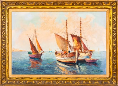 Dutch School Sailboat Scene Oil on Canvas