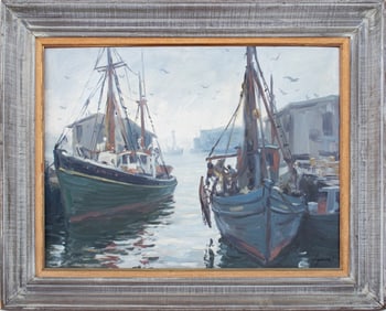 Walter Chapman "Foggy Harbor" Oil on Canvas Board