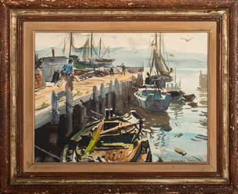 Rutledge Bate "On the Dock" Watercolor on Paper