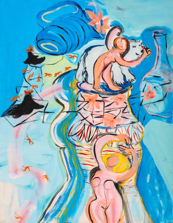Eva Bouzard-Hui "Dancing for Bear" Oil on Canvas: Eva Bouzard-Hui (American, 1936-2023), "Dancing For The Bear", Oil on Canvas, artist's estate label with title and number "Oil Painting Seventeen" to verso, unframed. 28" H x 22" W. Provenance: Eva Bo