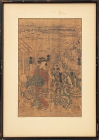 Japanese Fish Market Scene Woodblock, 19th C.