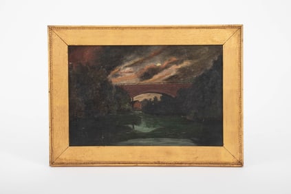 Illegibly Signed Bridge Landscape Oil on Canvas