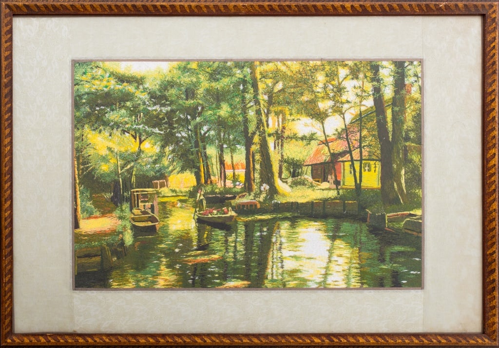 After Peder Monsted "Going to Market" Embroidery: After Peder Mork Monsted (Danish, 1859-1941), "Going to Market", Embroidery on Canvas, apparently unsigned, wood frame. Image: 14.5" H x 21.5" W; frame: 22.5" H x 31.5" W. Provenance: From a TriBeCa E