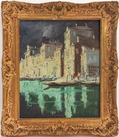 European School Canal Scene Oil on Canvas Board