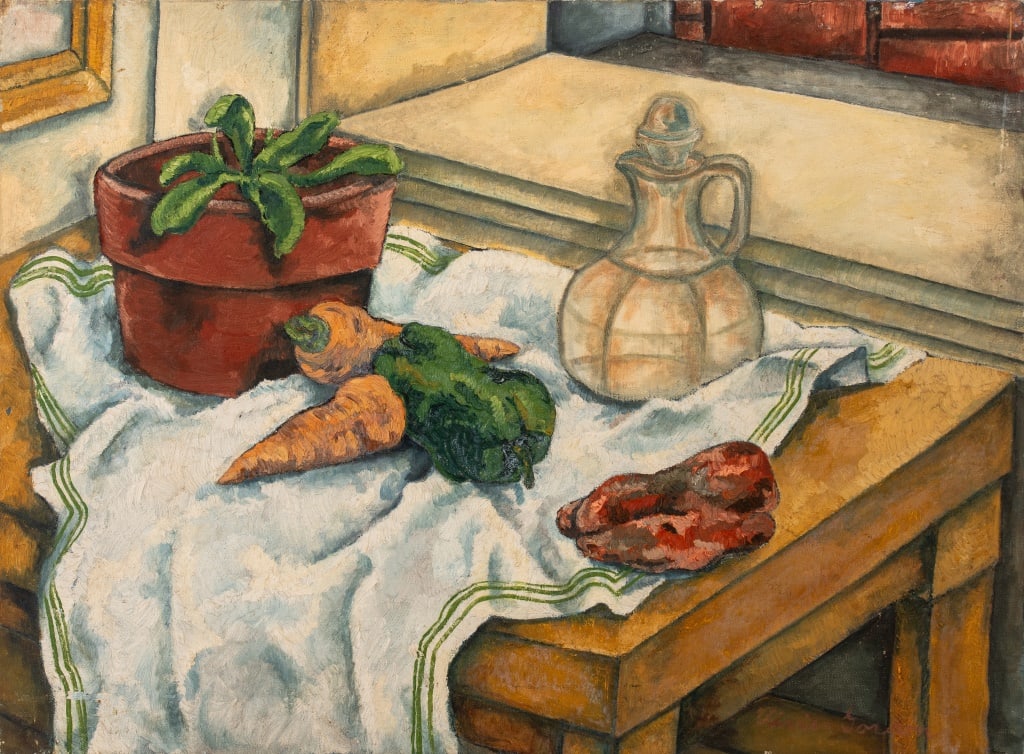 Vivian Gorden Kitchen Still Life Oil on Canvas: Vivian Gorden (American, XX), Kitchen Still Life Scene, Oil on Canvas, depicting a potted plant, carrots, bell pepper, and glass decanter on a white draped cloth, signed lower right, unframed. 18" H x
