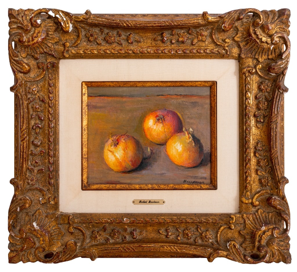 Robert Brackman Still Life Scene Oil on Board: Robert Brackman (Ukranian/American, 1898-1980), Still Life Scene of Onions, Oil on Board, signed lower right, giltwood frame. Image: 7.5" H x 9.5" W; frame: 18.5" H x 20.5" W. Provenance: From a New Y