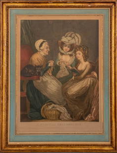 John Raphael Smith "Visit to Grandmother" Print: John Raphael Smith (British, 1752-1812), "A Visit to the Grandmother", Mezzotint in Colors, 1785, depicting two young women visiting their grandmother and her cat, giltwood frame. Image: 22" H x 16" W