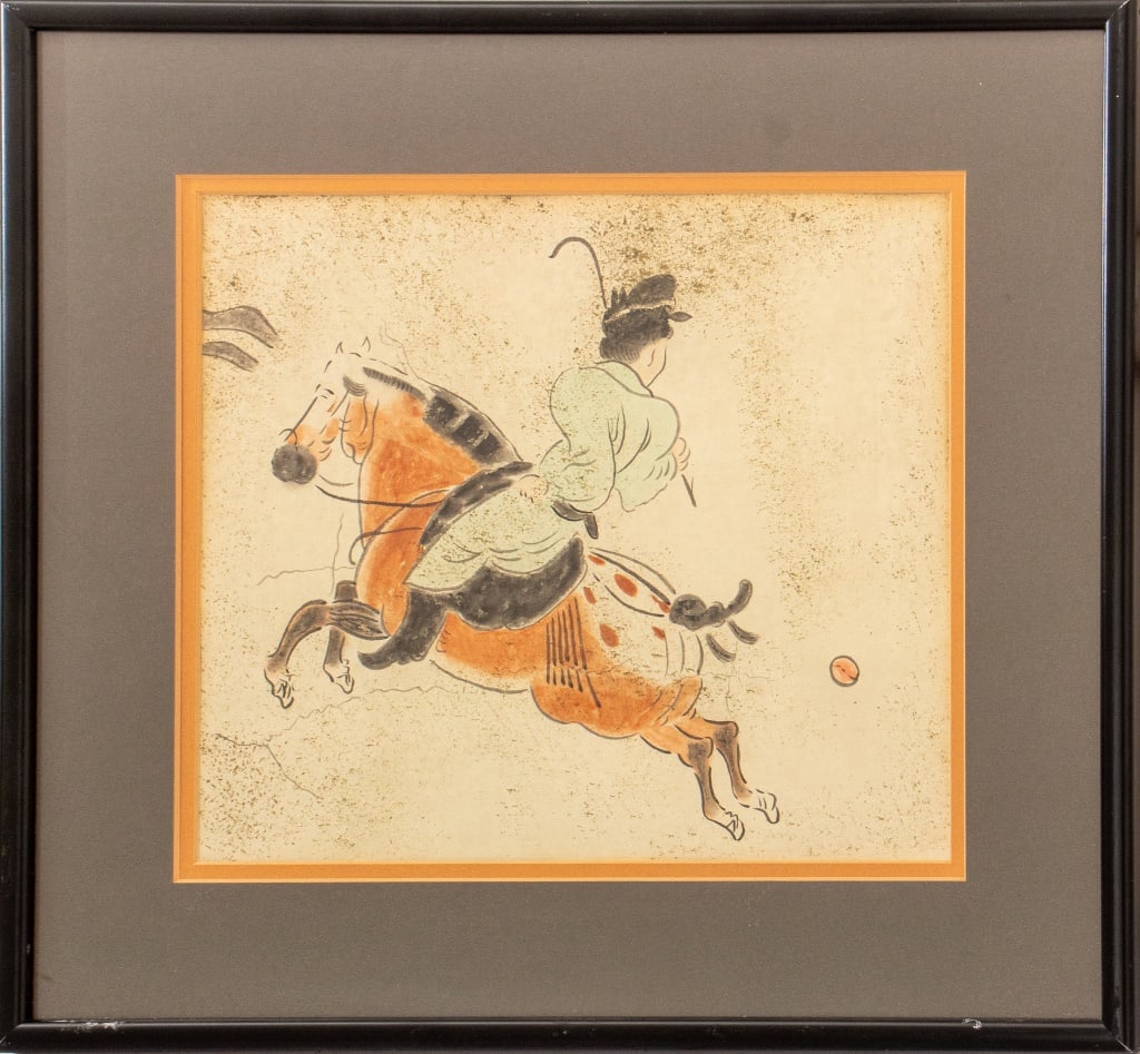 Chinese After Fresco of Prince Zhang Watercolor: Chinese School, After Tomb Wall Fresco of Prince Zhang Second Year of Shenlong, Tang Dynasty (618-907), Watercolor on Paper, inscribed to verso, ebonized wood frame. Image: 10" H x 11.25" W; frame: 16