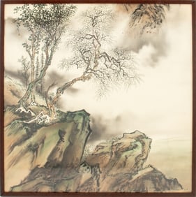 Chinese School Cliff's Edge Watercolor on Silk