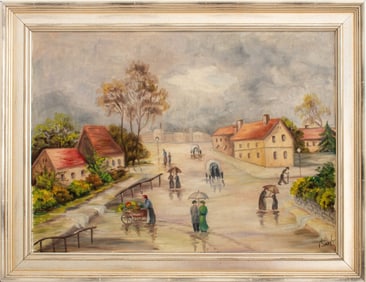 European School Rural Village Scene Oil on Canvas
