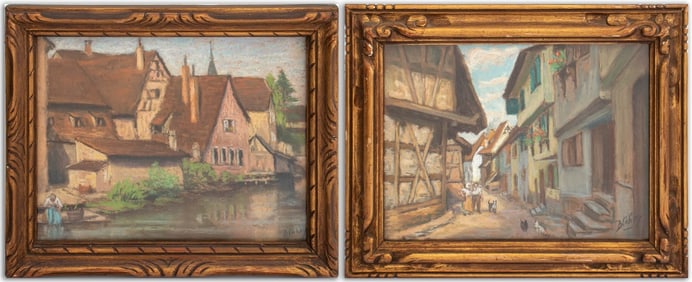 Henri Blahay Village Scenes Pastel on Paper, 2