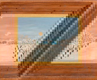 Illegibly Signed Village at Night Oil on Board