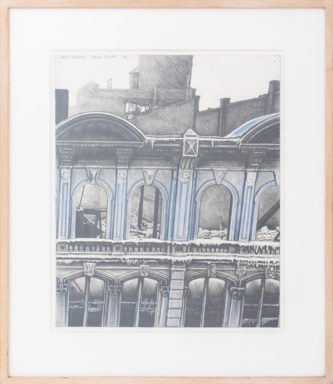 David Hendricks "Facade #2" Pencil on Paper, 1981: David Hendricks (American, XX-XXI), "Facade #2", Pencil on Paper, 1981, depicting buildings in blue, signed, titled, and dated upper left, Fischbach Gallery label to verso, painted wood frame. Image: 