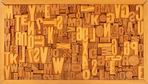 Printing Press Letters Carved Wood Wall Sculpture