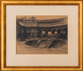 Architectural Scene Charcoal on Paper, 20th C.