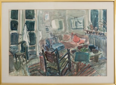 Illegibly Signed Interior Scene Watercolor