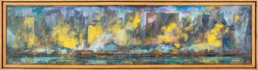 Hall Groat Sr. "Lower Hudson Run" Oil on Masonite: Hall Groat, Senior (American, b. 1932), "Lower Hudson Run", Oil on Masonite, signed lower left, marked with gallery show label to verso, wood frame. Image: 12" H x 48" W; frame: 13.5" H x 49.75" W. Pr