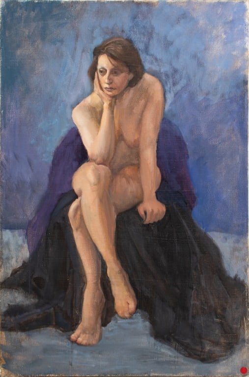 Peter Davol Seated Nude Female Oil on Canvas: Peter Davol (American, XX-XXI), Seated Nude Female Figure, Oil on Canvas, 1985, signed and inscribed "(Coyle)" with Art Students League of New York label to verso, unframed. 42.25" H x 28" W. Provenan