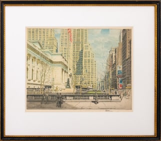 Karl Dehmann "Fifth Ave & Public Library" Aquatint