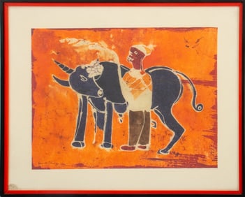 Hen-iii Chu Man and Bull Batik on Rice Paper