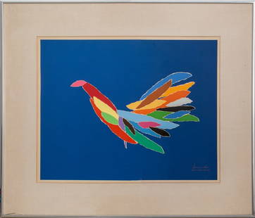 Arthur Secunda "Night Bird" Serigraph: Arthur Secunda (American, 1927-2022), "Night Bird", Serigraph in Colors, numbered edition "90/250", signed in plate lower right. Image: 21.75" H x 24.5" W; frame: 32.25" H x 34.25" W. Provenance: Prop