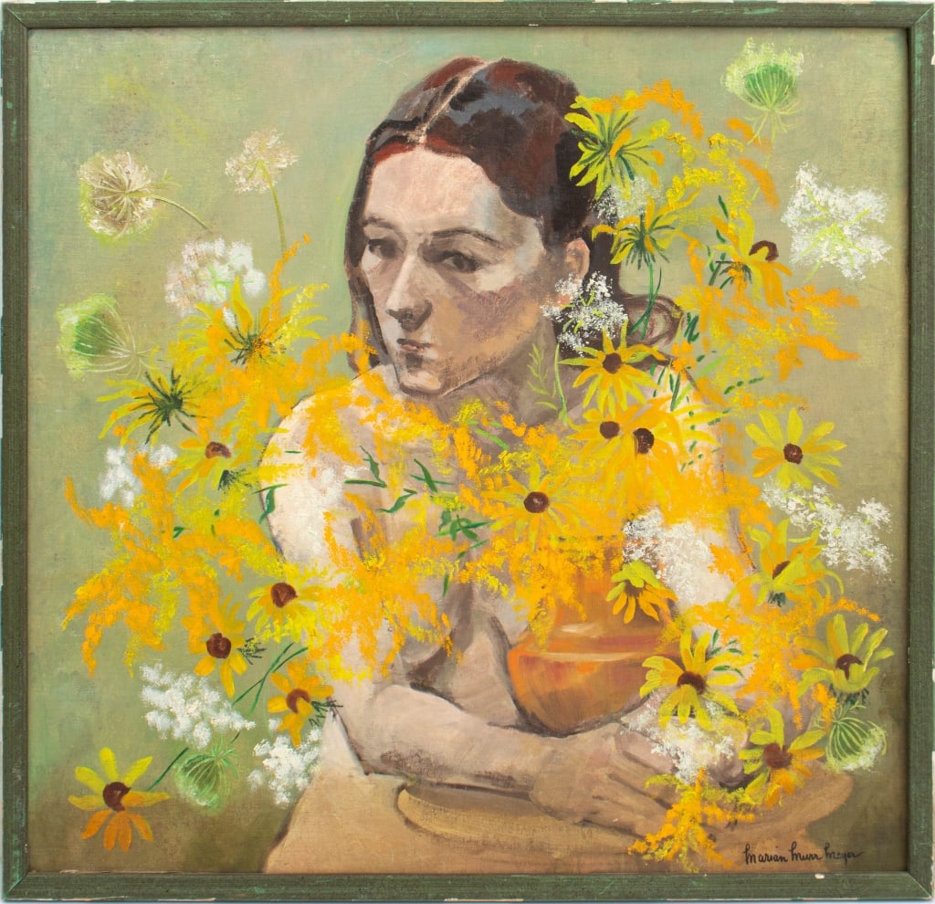 Marian Murr Meyer Woman Holding Bouquet Oil, 1975: Marian Murr Meyer (American, XX), Woman Holding a Bouquet, Oil on Board, 1975, depicting a female figure holding a terracotta vase with Queen Anne's Lace, Goldenrod, and Black Eyed Susan flowers, sign