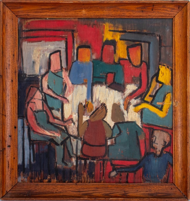Cubist Style Figural Group Oil on Panel: Cubist Style Figural Group, Oil on Wood Panel, apparently unsigned, wood frame. Image: 17.75" H x 15.75" W; frame: 21" H x 20" W. Provenance: From a New York City Collection. Keywords: Painting, Oil p