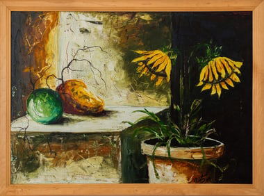 Illegibly Signed Sunflower Scene Oil on Panel