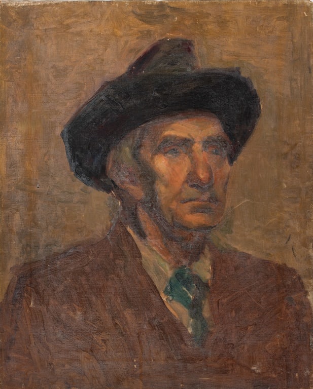 Copeland Portrait of Man Oil on Canvas: Copeland (American, XX), Portrait of a Man Wearing a Hat, Oil on Canvas, signed "Copeland" to verso, unframed. 20" H x 16" W. Provenance: From the Allen Tucker Memorial Collection. Keywords: Painting,