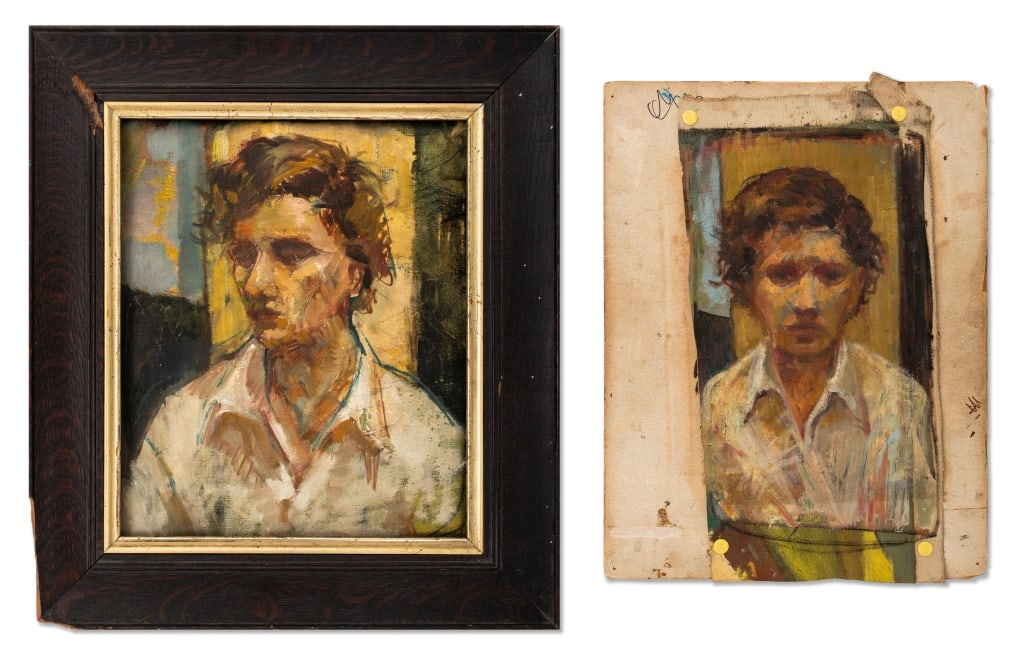 Rita Ham Portraits of a Young Man Oil on Canvas, 2: Rita Ham (American, XX), Two Portraits of a Young Man, Oil on Canvas, the male figure in a white collared shirt with disheveled hair, each signed to verso, one in wood frame, one unframed. Larger imag