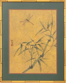 Chinese Dragonfly and Bamboo Watercolor on Paper