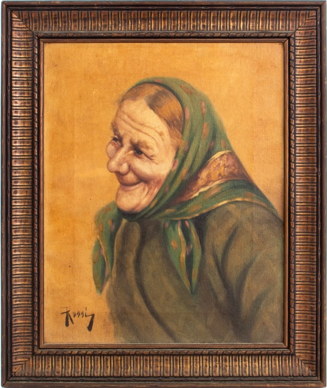 Giuseppe Rossi Elderly Woman Portrait Oil Canvas: Giuseppe Rossi (Italian, 1876-1952), Portrait of an Elderly Woman in Headscarf, Oil on Canvas, signed lower left, wood frame. Image: 14.75" H x 11.75" W; frame: 19" H x 16" W. Provenance: From a New Y