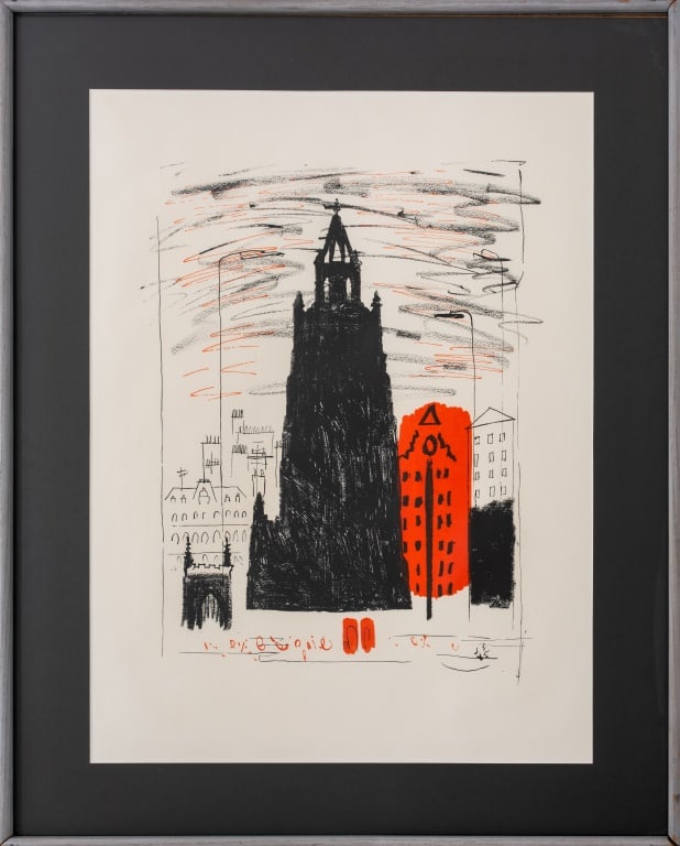 John Piper "St. Nicholas, Liverpool" Lithograph: John Egerton Christmas Piper (English, 1903-1992), "St. Nicholas, Liverpool: Smoke-Black Dockland Church", Lithograph in Colors, 1964, apparently unsigned, grey-painted frame. Image: 26.5" H x 18.5" W
