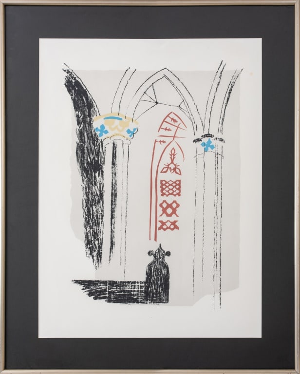 John Piper "Llan-y-Blodwell" Lithograph, 1964: John Egerton Christmas Piper (English, 1903-1992), "Llan-y-Blodwell", Lithograph in Colors, 1964, apparently unsigned, silver-tone frame. Image: 25" H x 18.5" W; frame: 39" H x 30" W. Provenance: From